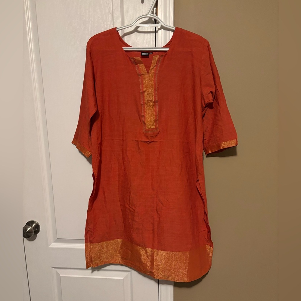 Women’s Orange Tunic Dress with Gold Trim - Chintan Size XL